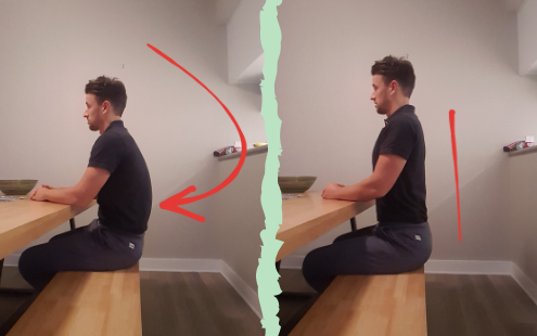 physiotherapist with poor sitting posture on left and good sitting posture on right